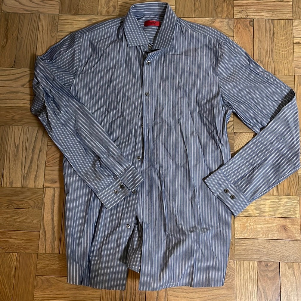 hugo boss red label grey blue striped shirt button down size 15.5 32/33 small